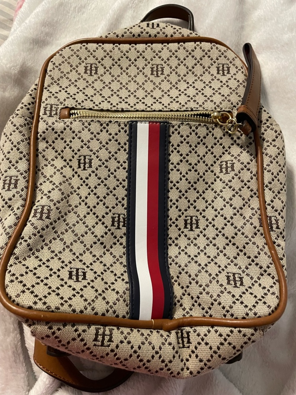 Beige Monogram Canvas Backpack with Red-White-Blue Stripe